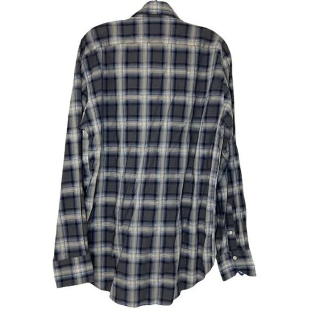 Thomas Dean Mens L Pima Cotton Plaid Button Down Shirt Grey Blue Gingham Trim